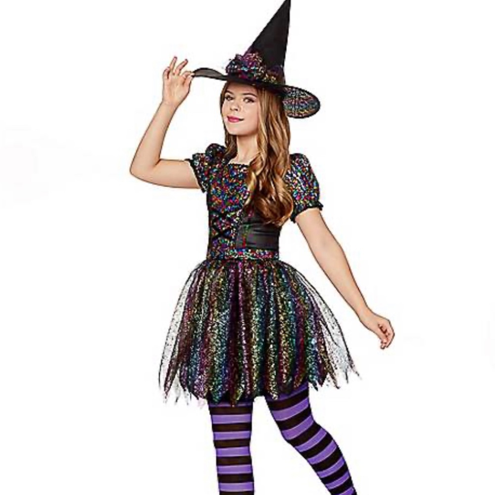 Witches costume colorful sparkly kids size small hat and tights included
